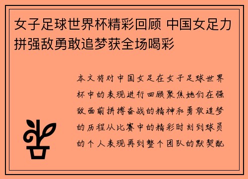 女子足球世界杯精彩回顾 中国女足力拼强敌勇敢追梦获全场喝彩